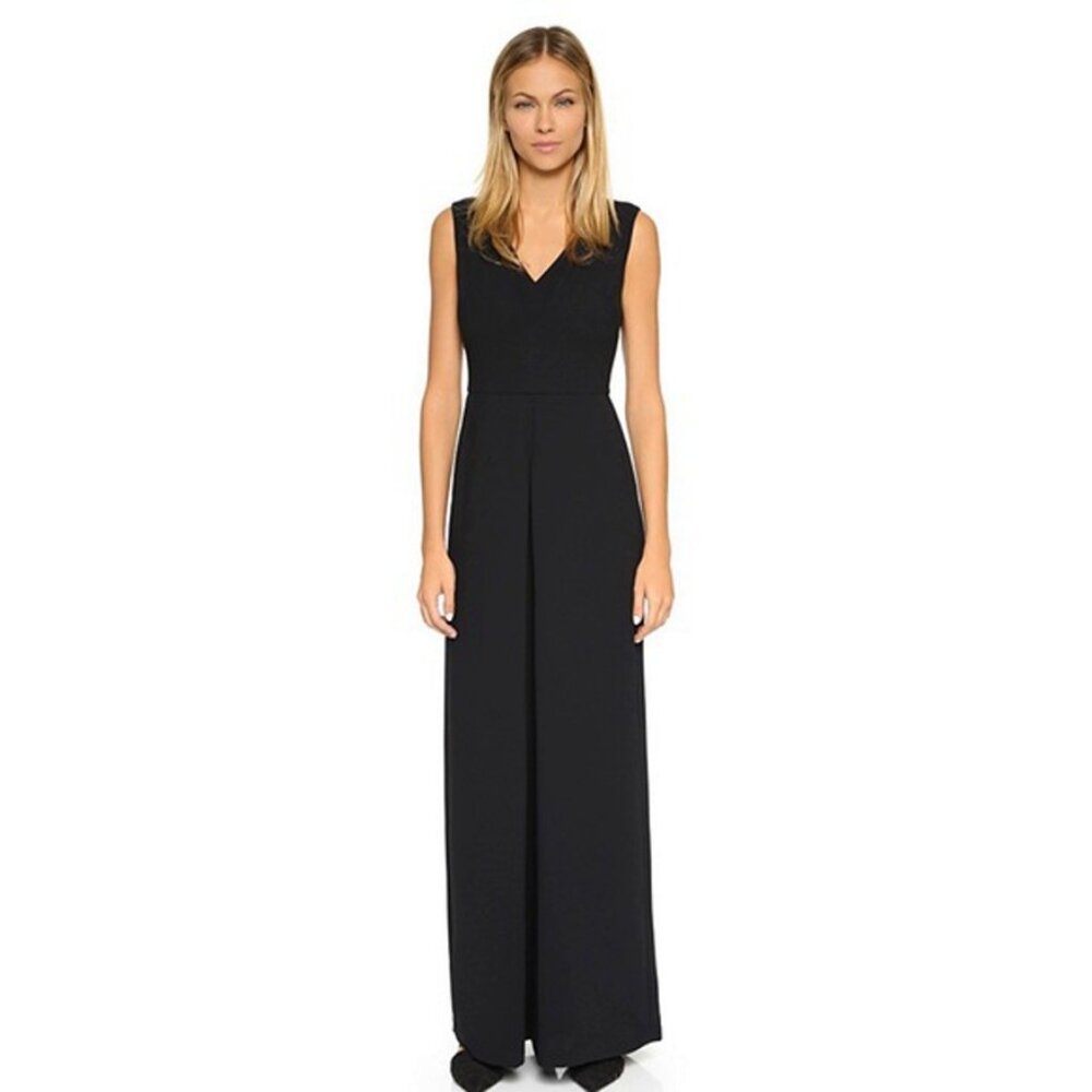 Vince 10 Black Double-V Neck Sleeveless Wide Leg Culotte Jumpsuit with Pockets - Picture 2 of 16